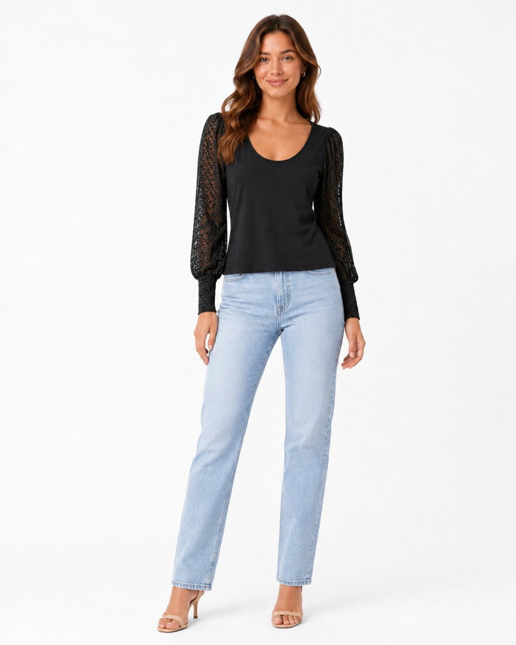 Scoop neck mixed-media blouse (Thrift Article)