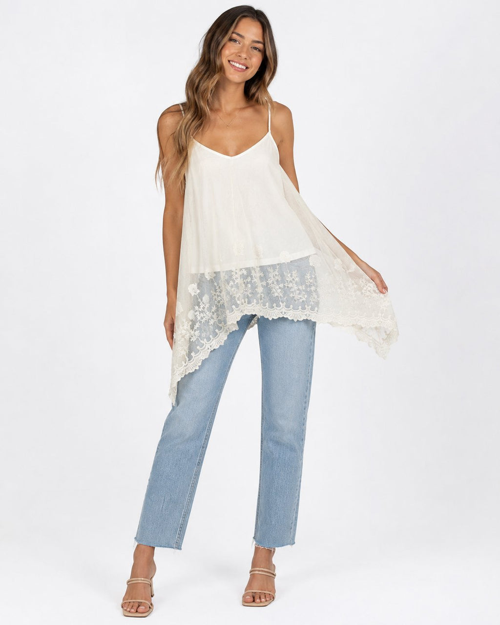 Chiffon Embroidered Floral Asymmetrical Hem Cami Top (Thrift Article)