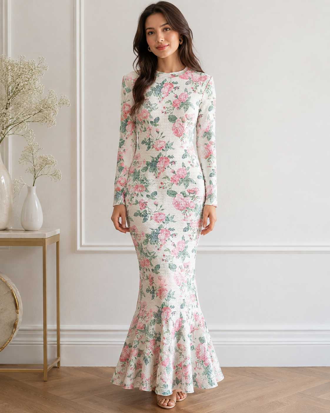 Floral Print High Neck Slim Fit Mermaid Maxi Dress (Thrift Article)