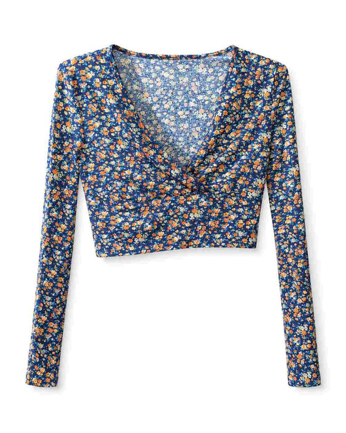 Casual Ditsy Floral Slim Fit V-Neck Long Sleeve T-Shirt (Thrift Article)