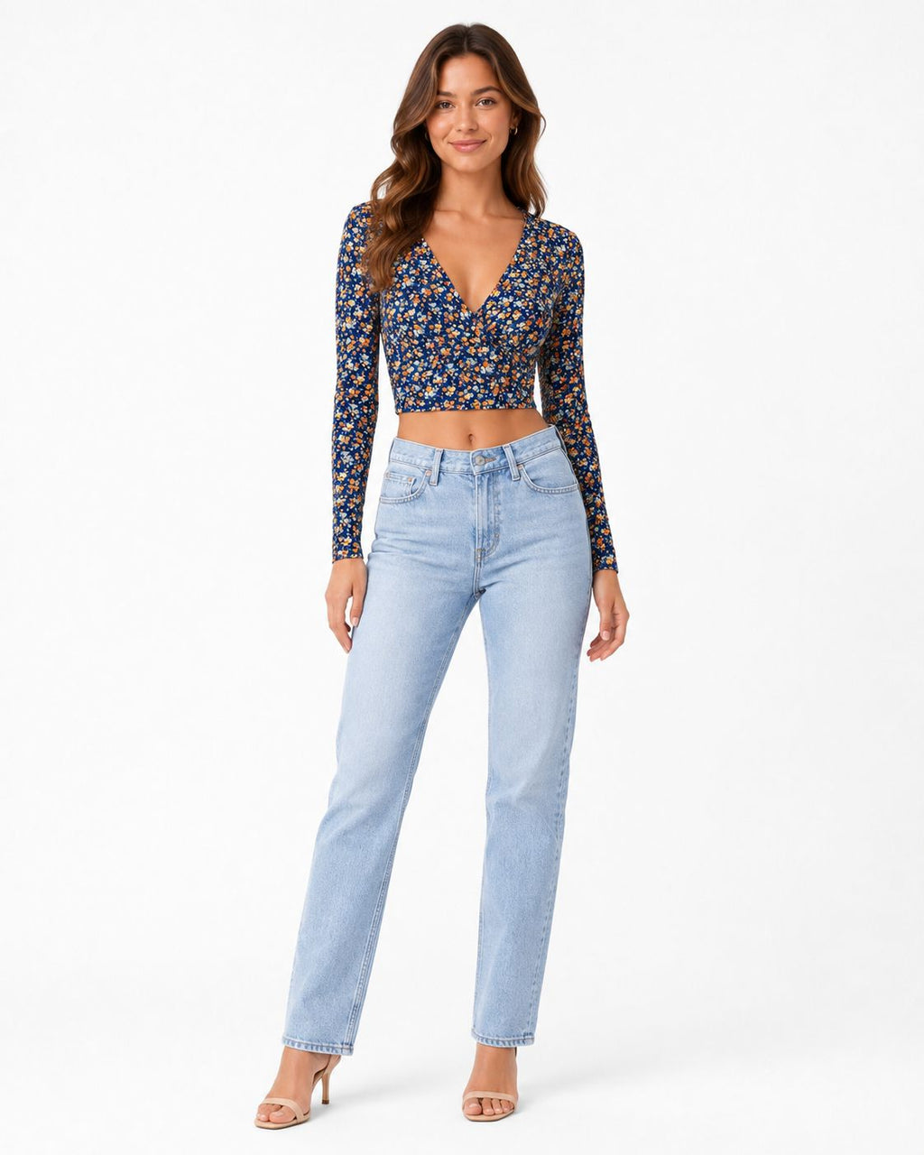 Casual Ditsy Floral Slim Fit V-Neck Long Sleeve T-Shirt (Thrift Article)