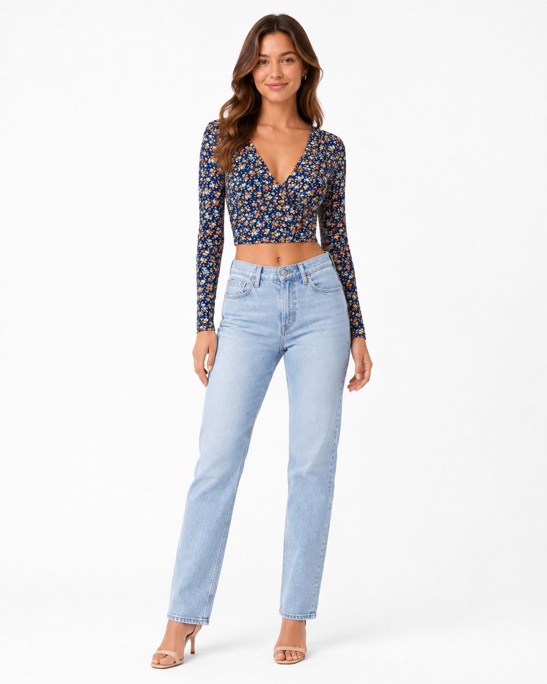 Casual Ditsy Floral Slim Fit V-Neck Long Sleeve T-Shirt (Thrift Article)