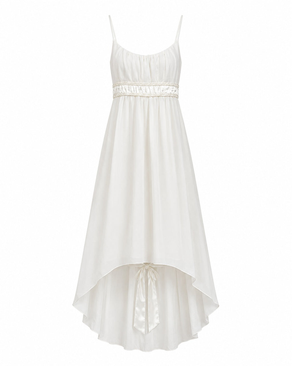 White Braided Satin Trim Chiffon High-Low Dress (Thrift Article)