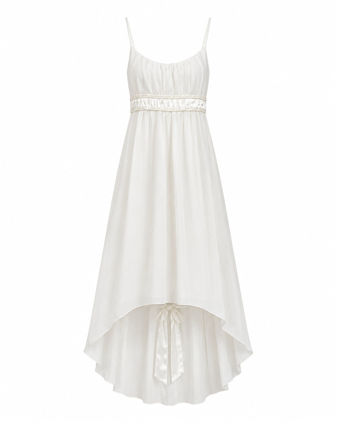 White Braided Satin Trim Chiffon High-Low Dress (Thrift Article)