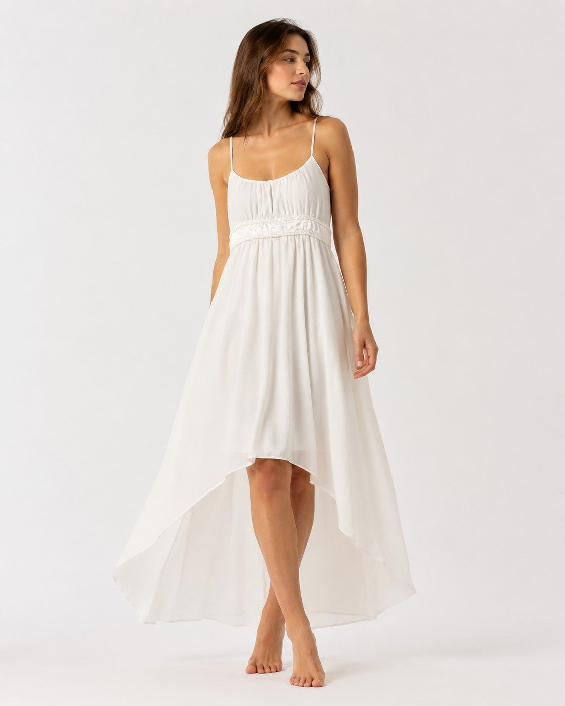 White Braided Satin Trim Chiffon High-Low Dress (Thrift Article)